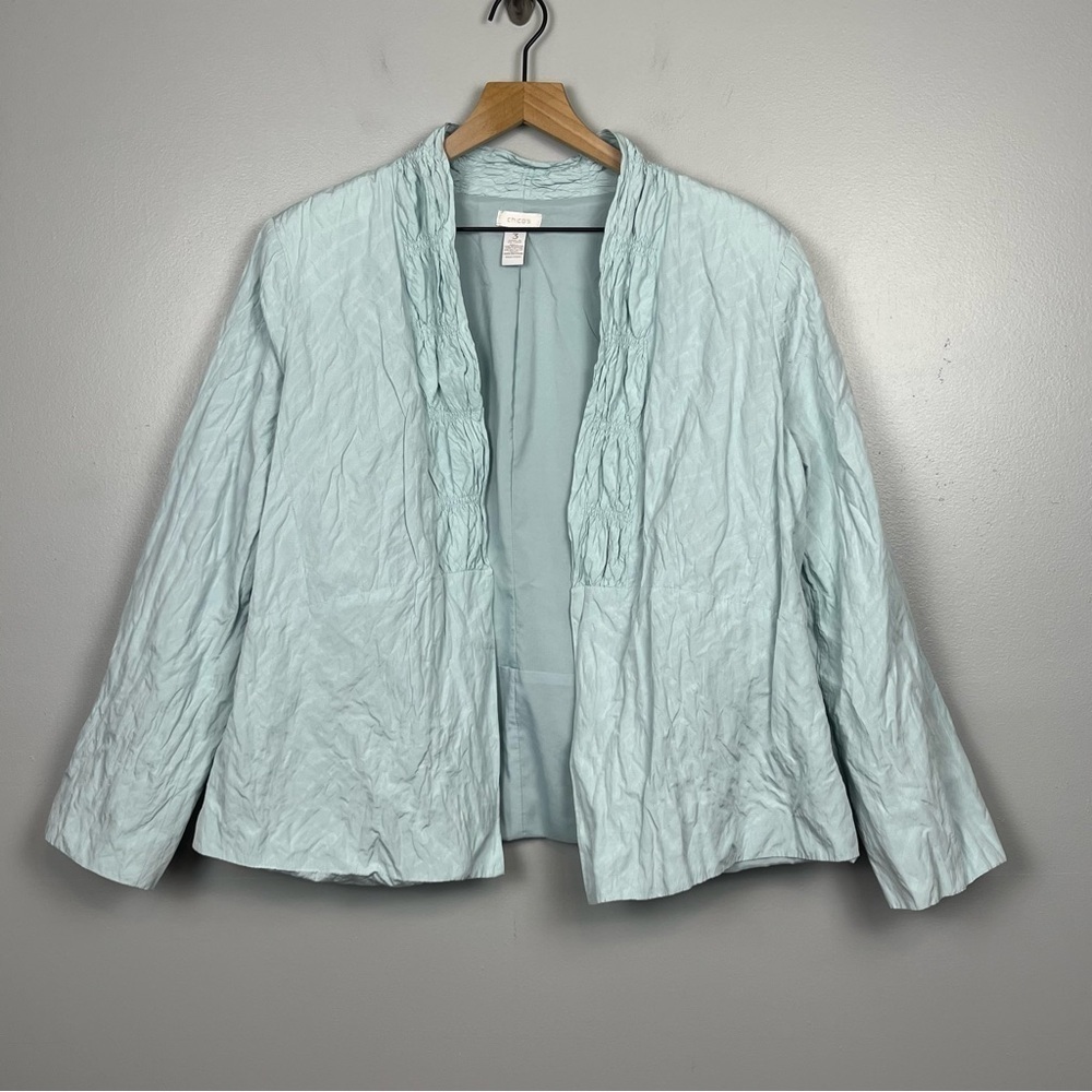 Chico’s light blue poly cotton blend lined open front crinkle jacket, 3=XL.